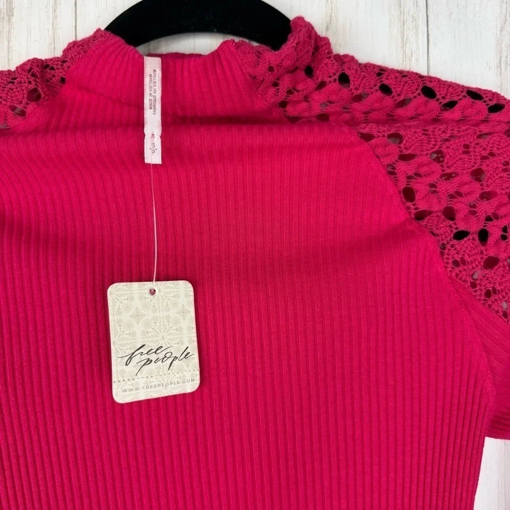 Free People NWT hot pink thermal crochet sleeve top small